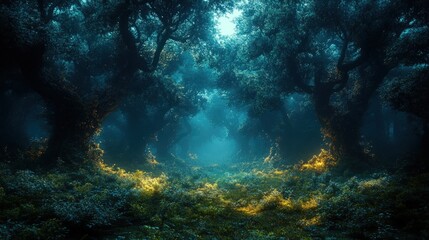 Mystical forest path, glowing, dark trees.