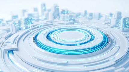 A futuristic, circular design with blue glowing elements, set against a blurred urban skyline, depicting advanced technology and innovation.