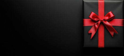 Elegant black gift box with a vibrant red bow on a dark background, perfect for various occasions such as birthdays, holidays, or celebrations showcasing luxury and style.