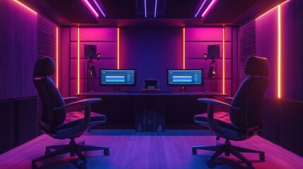 Dynamic podcast studio with two rotating chairs, soundproof walls, and a multi-color LED lighting system