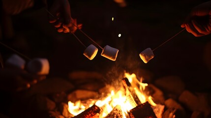 A photo of a group of friends roasting marshmallows over a fire pit in a backyard at night.