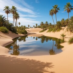 Fototapeta premium A vibrant oasis surrounded by palm trees and sand dunes, with clear blue water reflecting the sky and golden sand.
