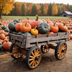 A wooden wagon filled with freshly harvested pumpkins in varying sizes and colours, set in a rustic farm setting
