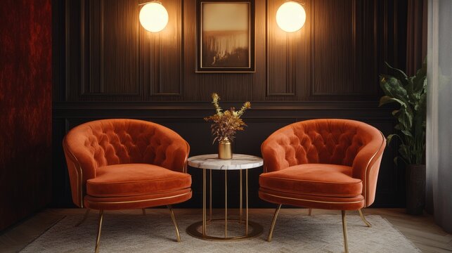 Elegant podcast studio with two velvet chairs, a marble table, and stylish pendant lights creating a warm ambiance.