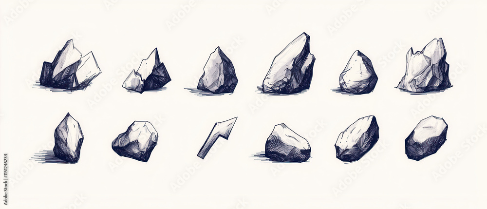 Poster a series of illustrated rocks in varying shapes and sizes, showcasing their unique textures and form