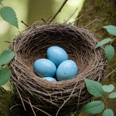 Fototapeta premium A bird's nest holding three delicate blue robin eggs, nestled in a natural forest setting.