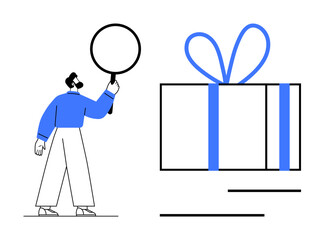 Man holding magnifying glass examines oversized gift-wrapped box with ribbon. Ideal for holiday themes, celebrations, gifts, surprises, mystery events, promotional materials, and festive marketing
