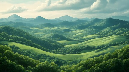 Fototapeta premium Lush green rolling hills under a dramatic sky.