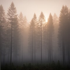 Obraz premium A misty forest with tall pine trees shrouded in fog, bathed in the soft light of dawn.