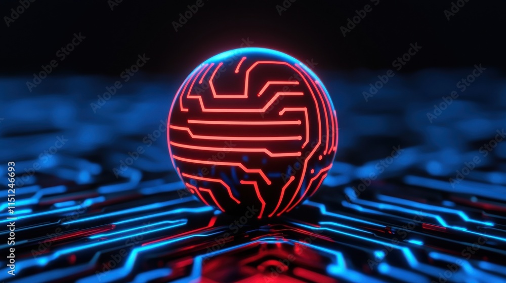 Poster a glowing sphere with circuit patterns sits on a dark, illuminated surface, showcasing a futuristic,