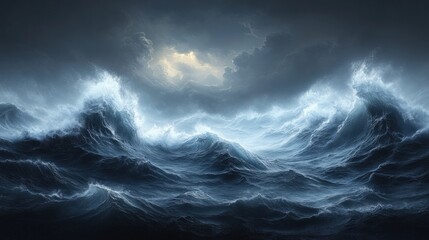 Fototapeta premium Dark stormy ocean, huge waves, dramatic sky.