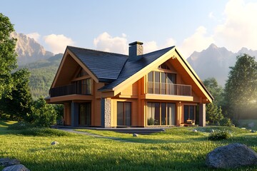 Obraz premium Modern log cabin in the mountains. Concept of luxury, nature, and vacation home.