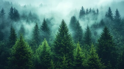 Fototapeta premium Misty evergreen forest, towering trees.