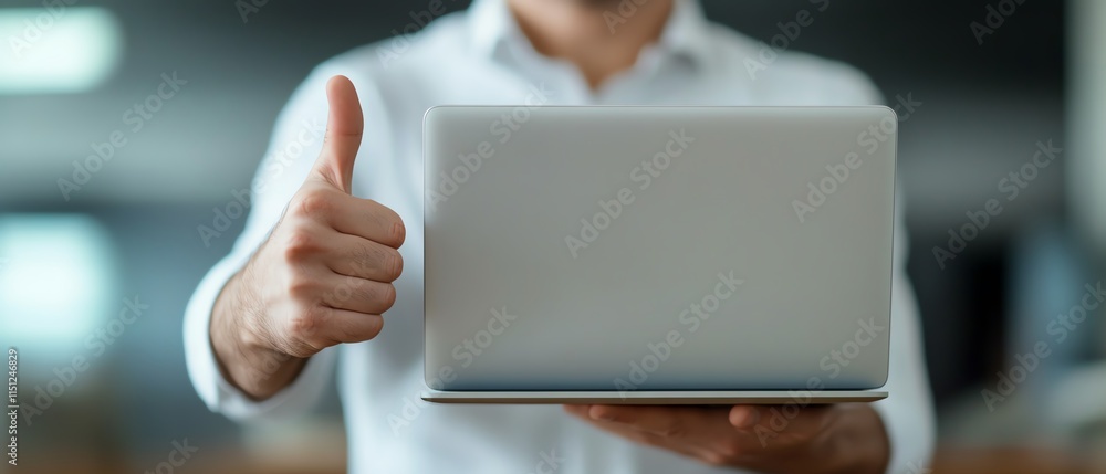 Poster tech expert giving a thumbs up and holding a laptop, representing computer support and it troublesho