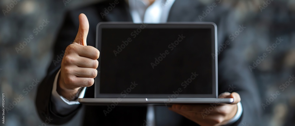 Poster tech expert giving a thumbs up and holding a laptop, representing computer support and it troublesho