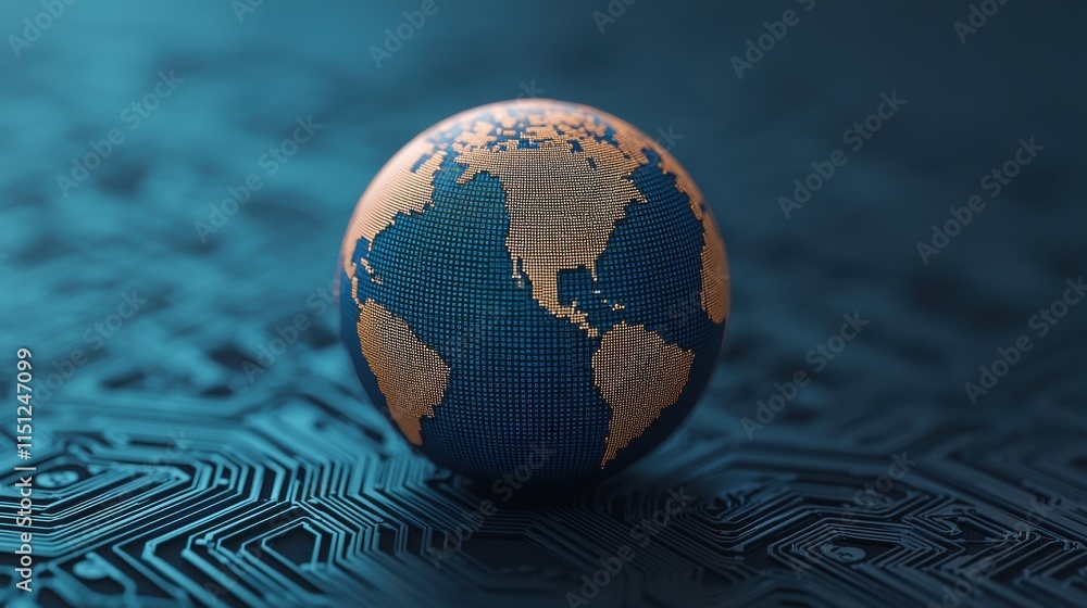 Poster a digital globe sits on a circuit-patterned surface, symbolizing the intersection of technology and 
