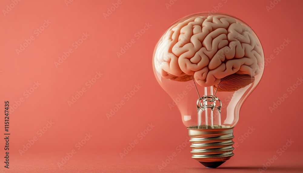 Poster a brain inside a glowing light bulb on a clean background with ample copy space, symbolizing the gen