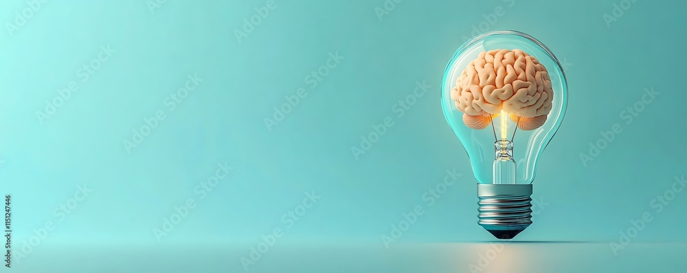Poster a brain inside a litup light bulb on a simple background with room for text, illustrating creativity