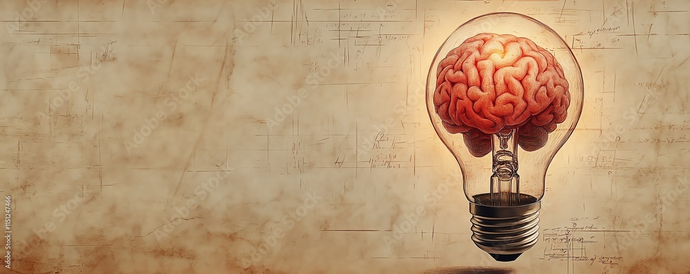 Poster a brain inside a litup light bulb on a simple background with room for text, illustrating creativity