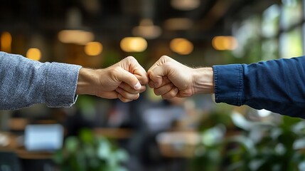 Three people in an office setting fist bumping by hand