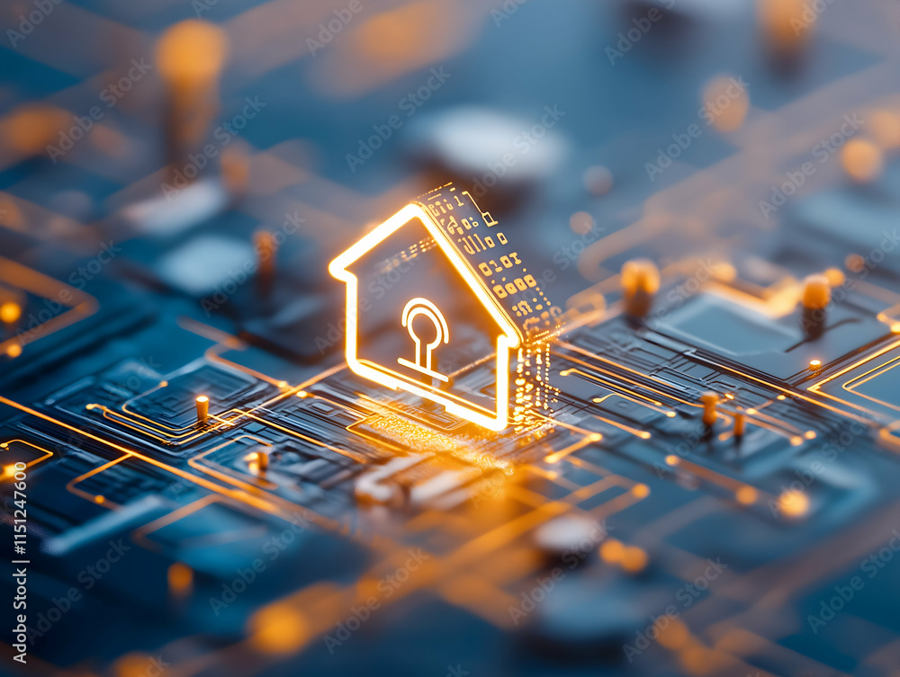 Poster a digital representation of a house with a keyhole, symbolizing home security and technology integra