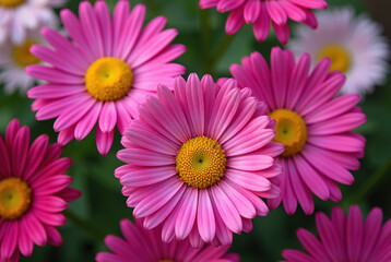 Obraz premium Pink daisy flowers in a garden, close-up, shallow depth of field, natural lighting.
