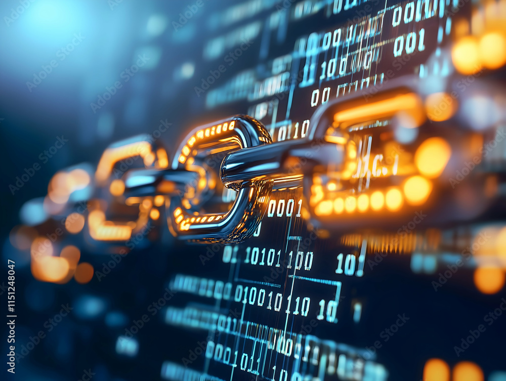 Poster a close-up of a glowing chain link against a digital backdrop, symbolizing security and connectivity