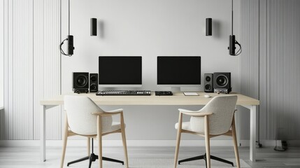 Fototapeta premium Scandinavian-inspired podcast studio featuring two light wood chairs, sleek audio equipment, and white minimalist decor.