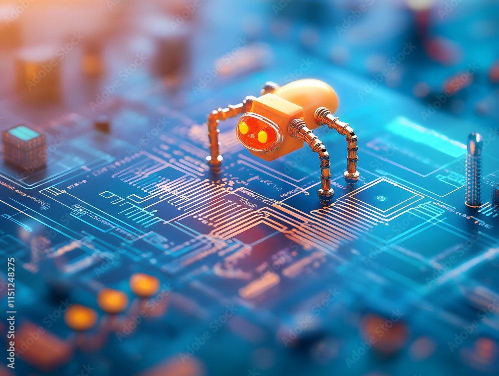 Poster a futuristic robotic spider on a circuit board, symbolizing advanced technology and innovation in el