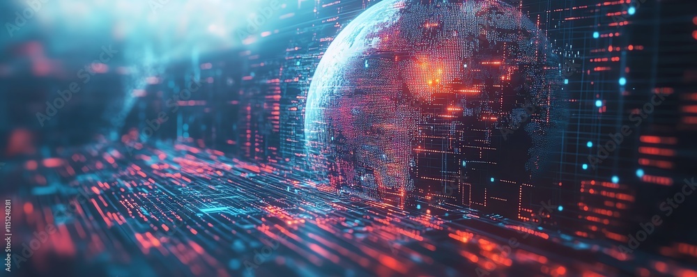Poster a glowing earth surrounded by data flows, technology networks, and global statistics, representing t