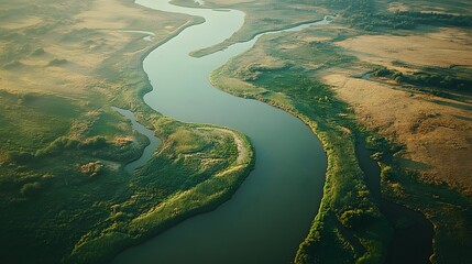 Serene river winding through lush green landscapes at golden hour.