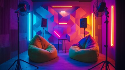 Vibrant podcast studio featuring two beanbag chairs, colorful neon shapes on the walls, and handheld microphones for a laid-back vibe
