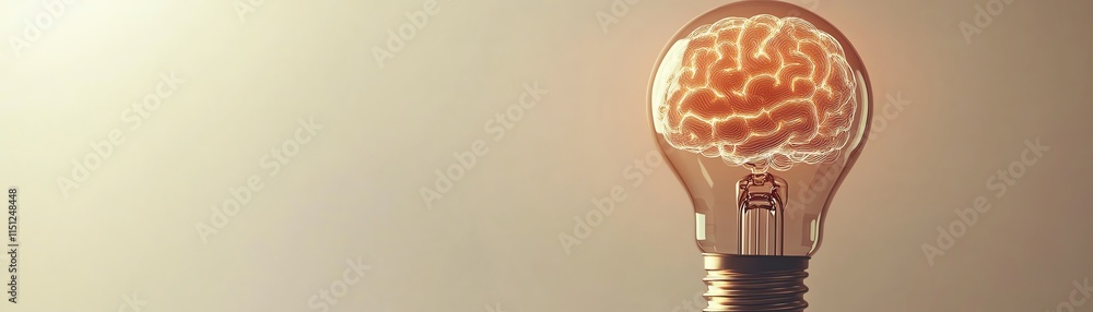 Poster a glowing light bulb with a brain inside, set against a neutral background with large copy space, sh