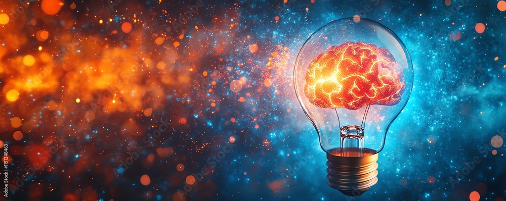 Poster a glowing light bulb containing a brain, set against a blank background with copy space, symbolizing