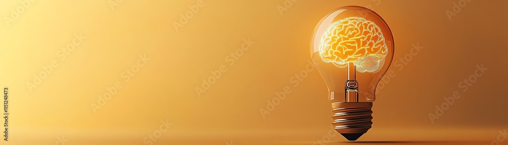Poster a glowing light bulb with a brain inside, set against a neutral background with large copy space, sh