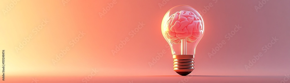 Poster a glowing light bulb with a brain inside, set against a neutral background with large copy space, sh