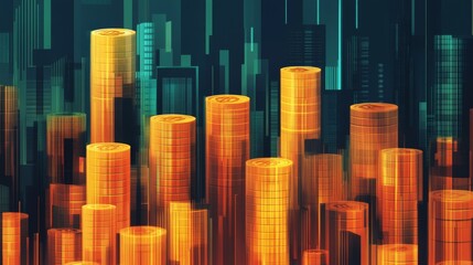
Abstract business background featuring skyscrapers and piles of coins, symbolizing financial growth, corporate success, and modern urban economy