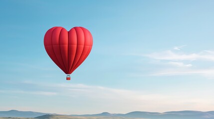 Obraz premium A vibrant red heart-shaped hot air balloon floats serenely against a clear blue sky, symbolizing love and adventure.