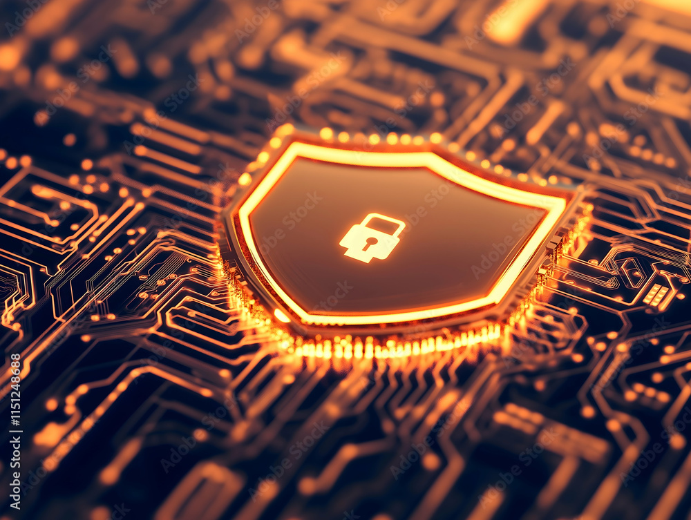Poster a digital shield icon glowing on a circuit board, symbolizing cybersecurity and data protection.