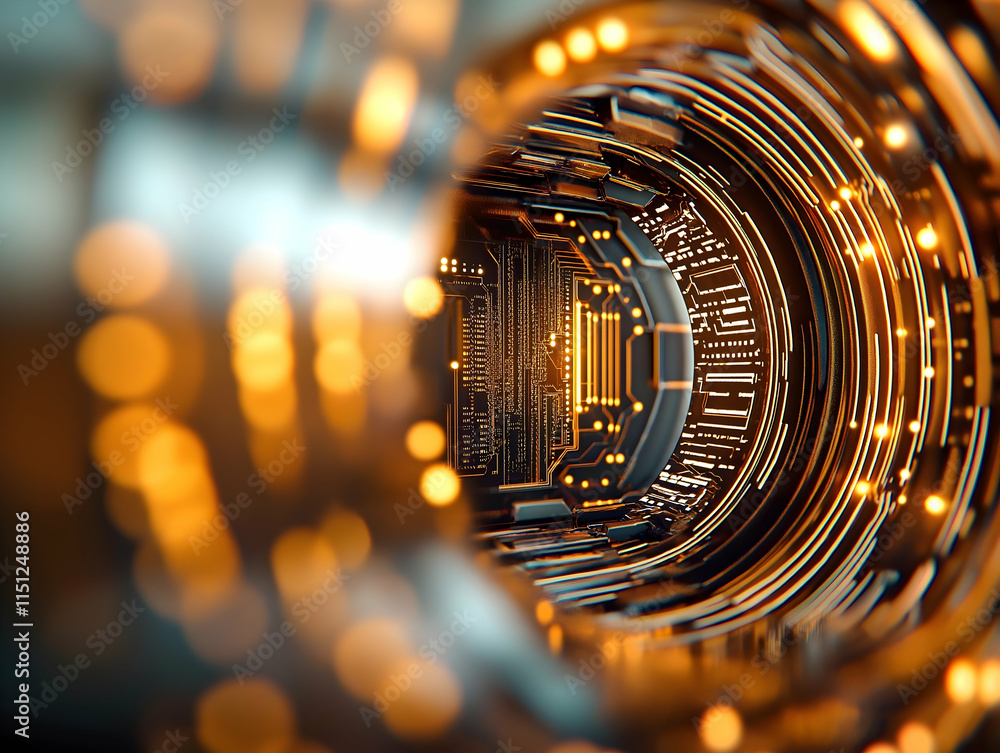 Aufkleber a futuristic view of a circuit board tunnel, illuminated with glowing lights, representing advanced 