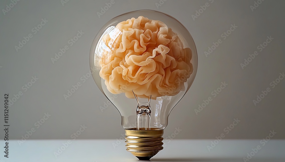 Poster a light bulb containing a brain, surrounded by a clean background and open copy space, illustrating 