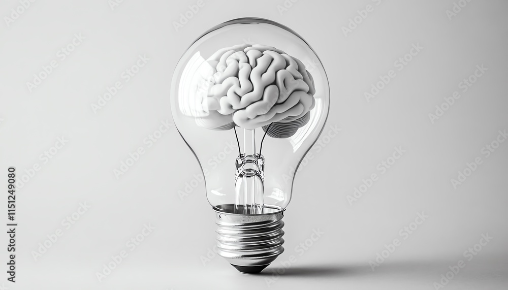 Poster a light bulb containing a brain, surrounded by a clean background and open copy space, illustrating 