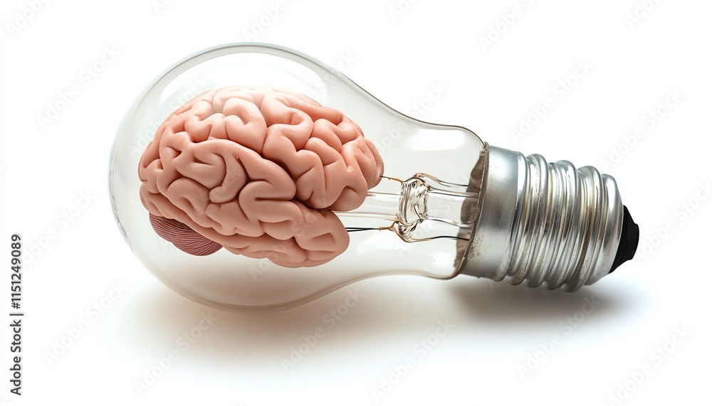 Poster a light bulb containing a brain, surrounded by a clean background and open copy space, illustrating 