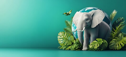 Majestic Elephant in Lush Tropical Jungle Landscape with Vibrant Foliage and Butterflies