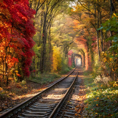 Fototapeta premium ove tunnel in autumn a railway in the autumn fores