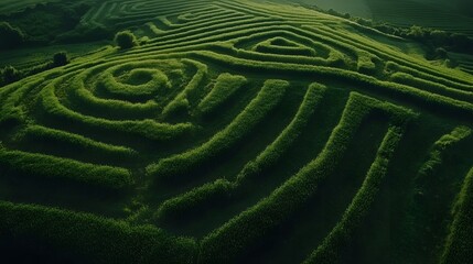 Aerial view of lush green maze patterns in a vibrant agricultural landscape.