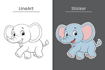 Cute cartoon baby elephant vector outline and sticker. Cute baby elephant line art flat illustration