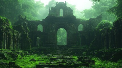 Obraz premium Overgrown stone ruins, jungle gateway, mystical.