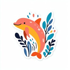 Obraz premium A colorful illustration of a dolphin swimming among stylized plants and bubbles, capturing a joyful marine scene.