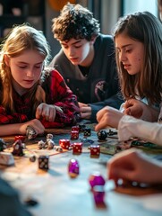 a group of teenagers playing Dungeons & Dragons around a table filled with dice and figurines